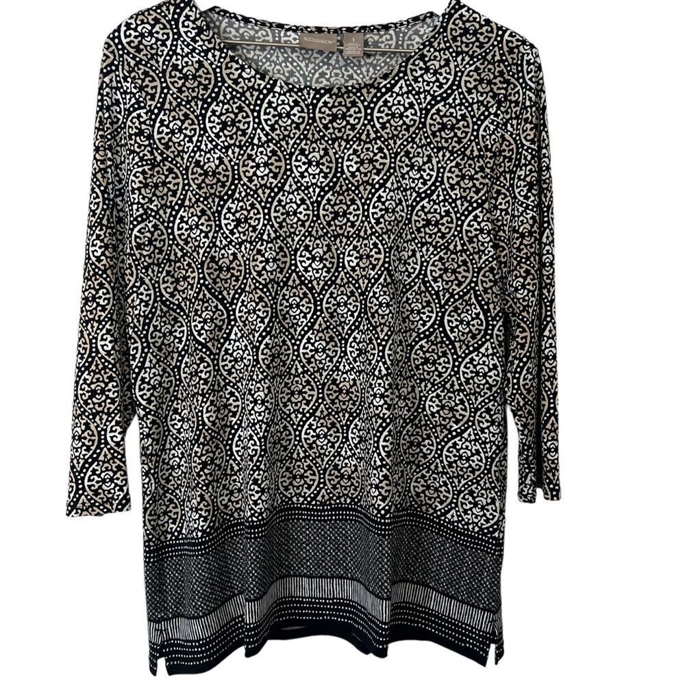 Chico’s 3/4 Sleeve Tunic Top size Medium Abstract Art to Wear Black Stretch